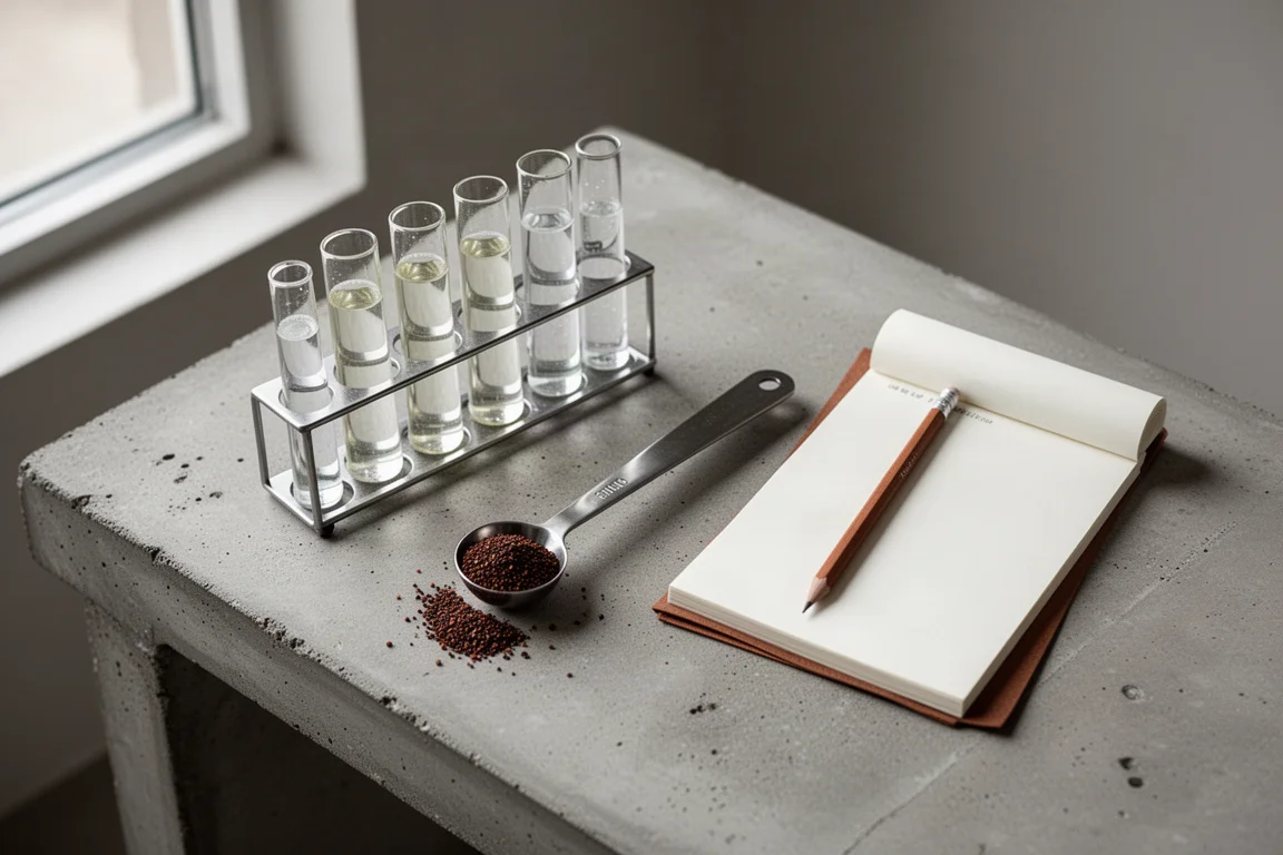 Overhead flat lay of aquarium test vials, measuring spoon and notepad on concrete