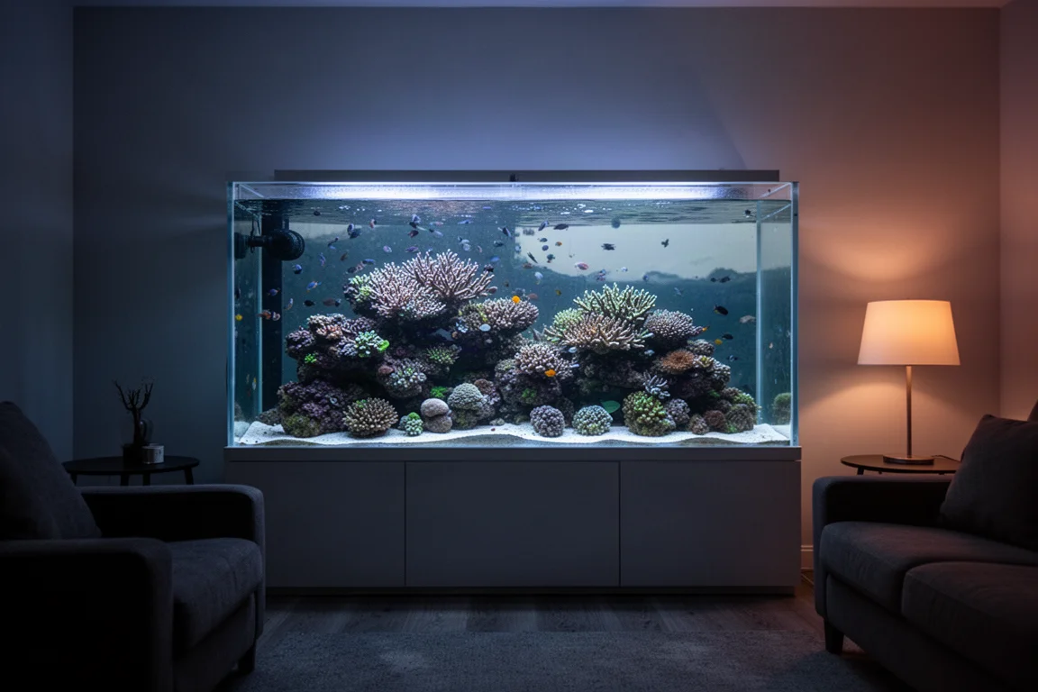 Large reef aquarium glowing in a dim living room at dusk