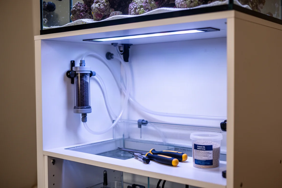 Technikbeckenbereich eines Riffaquariums mit einem kompakten Reaktor im Unterschrank