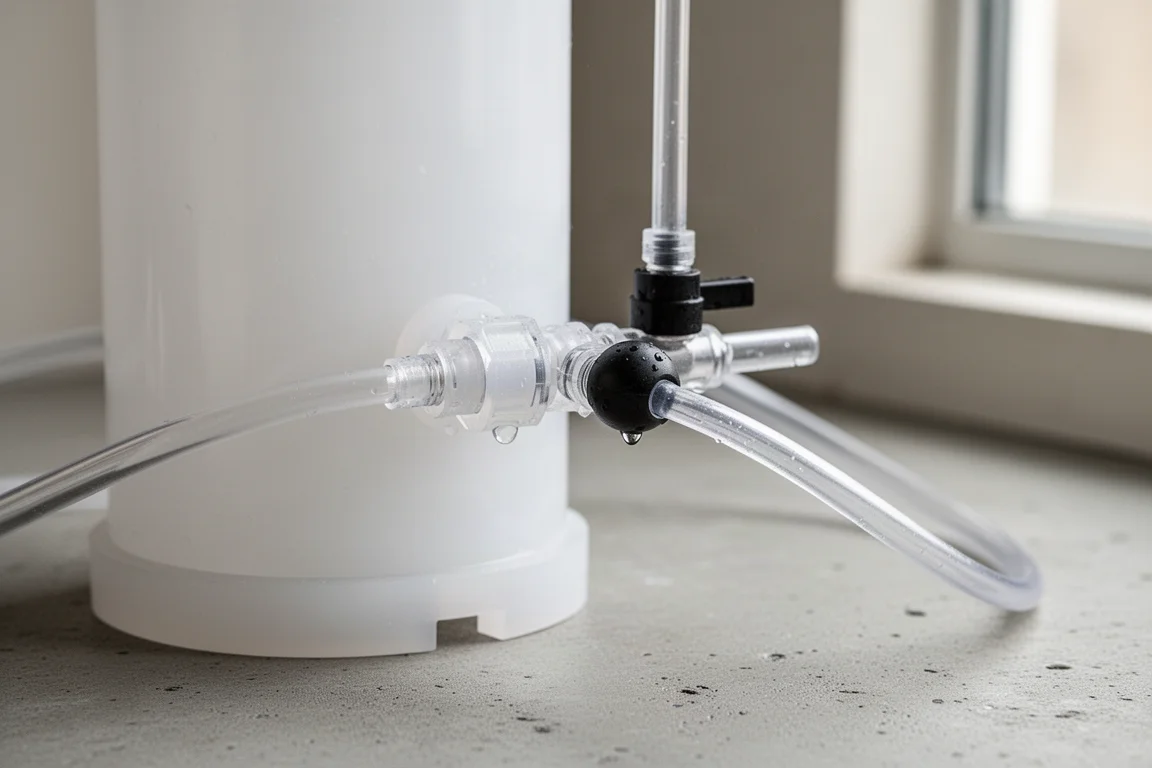 Makroaufnahme von Vinylschlauch, einem Push-Connect-Fitting und einem kleinen Kugelhahn