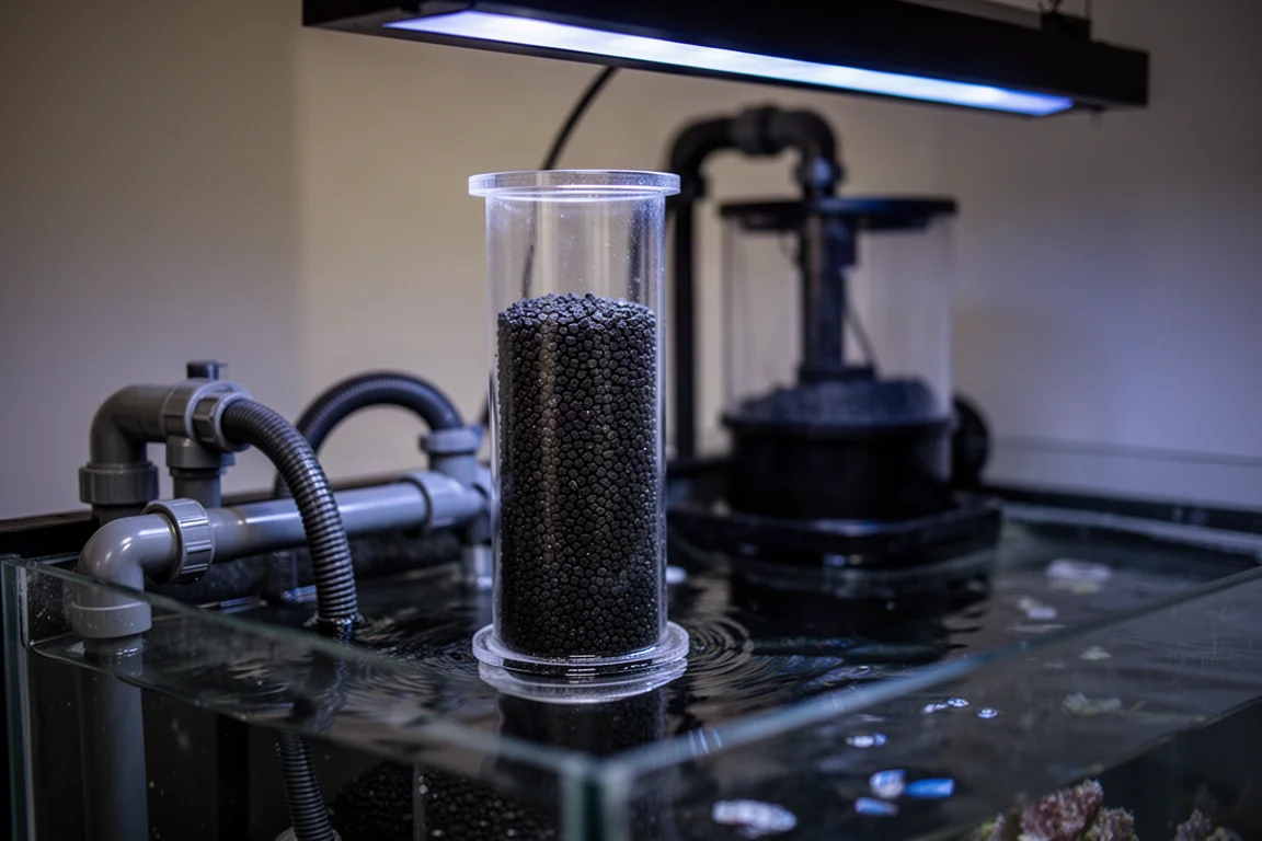 Transparenter Medienreaktor, gefüllt mit dunklen Kohlepellets, der in einem Aquariensumpf steht