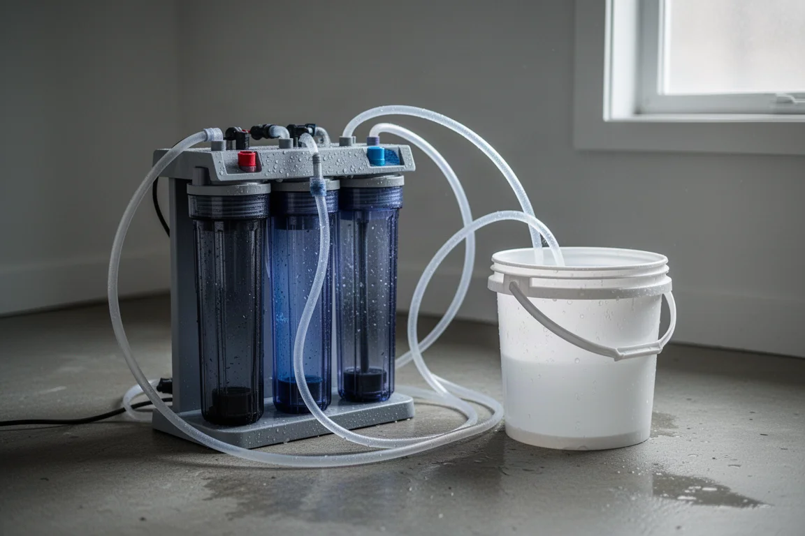 Multi-canister aquarium water filtration unit on a concrete floor with tubing and a collection bucket
