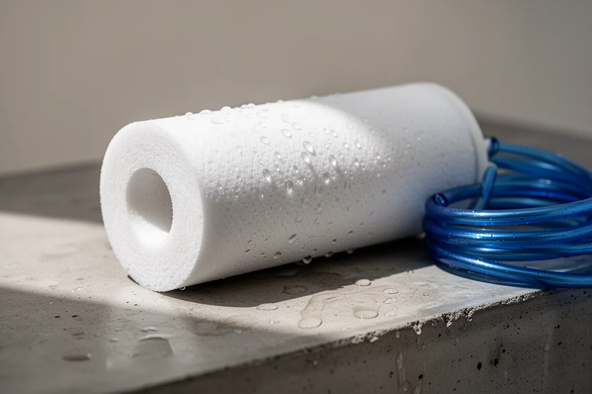White cylindrical carbon block cartridge resting on concrete beside coiled blue tubing
