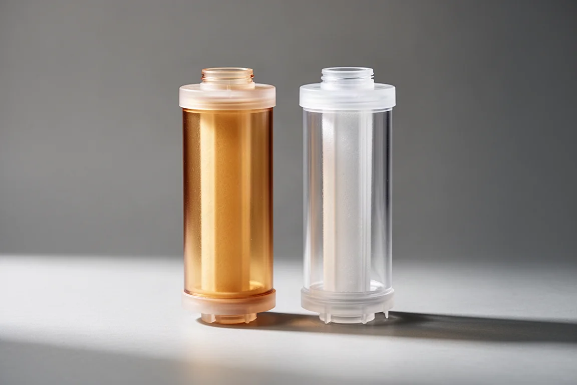 Two translucent filter cartridges side by side on a neutral grey backdrop