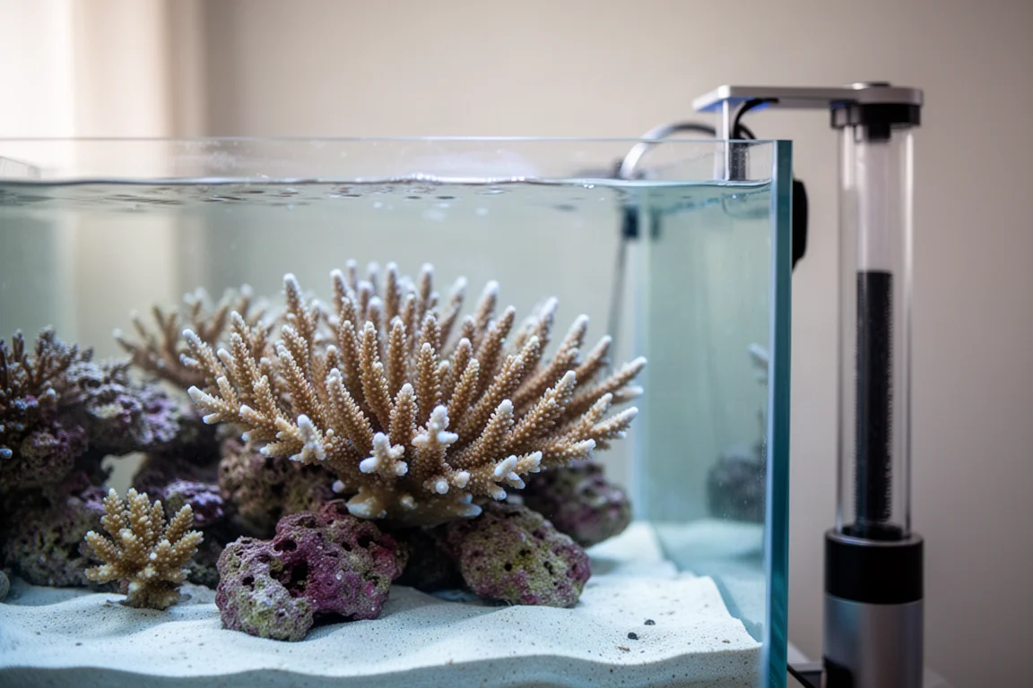 Reef aquarium with branching coral in calm blue light beside a filtration unit