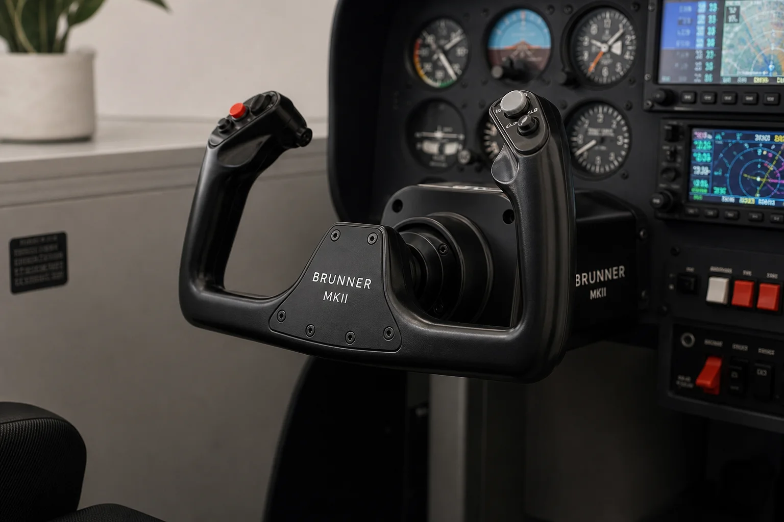 Cabina de simulador de vuelo doméstico profesional con mando, aviónica, controles de aceleración y tres monitores
