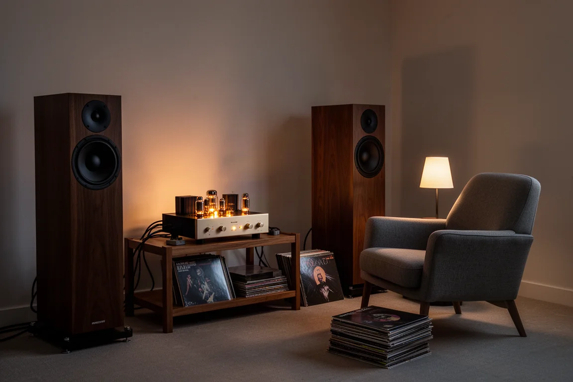 Listening room at dusk with a tube amplifier on a wooden rack and large floor standing speakers