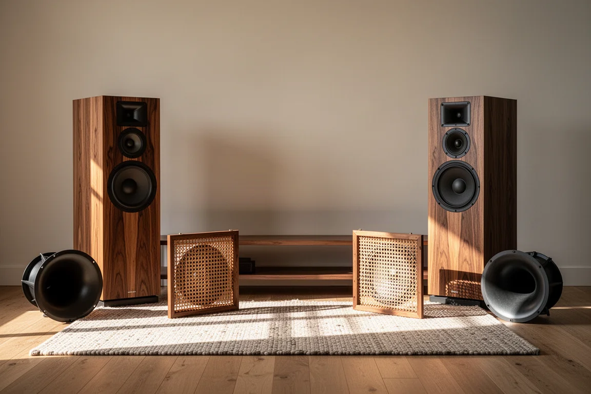 Living room with wide-baffle wood veneer floor standing speakers either side of a low shelf