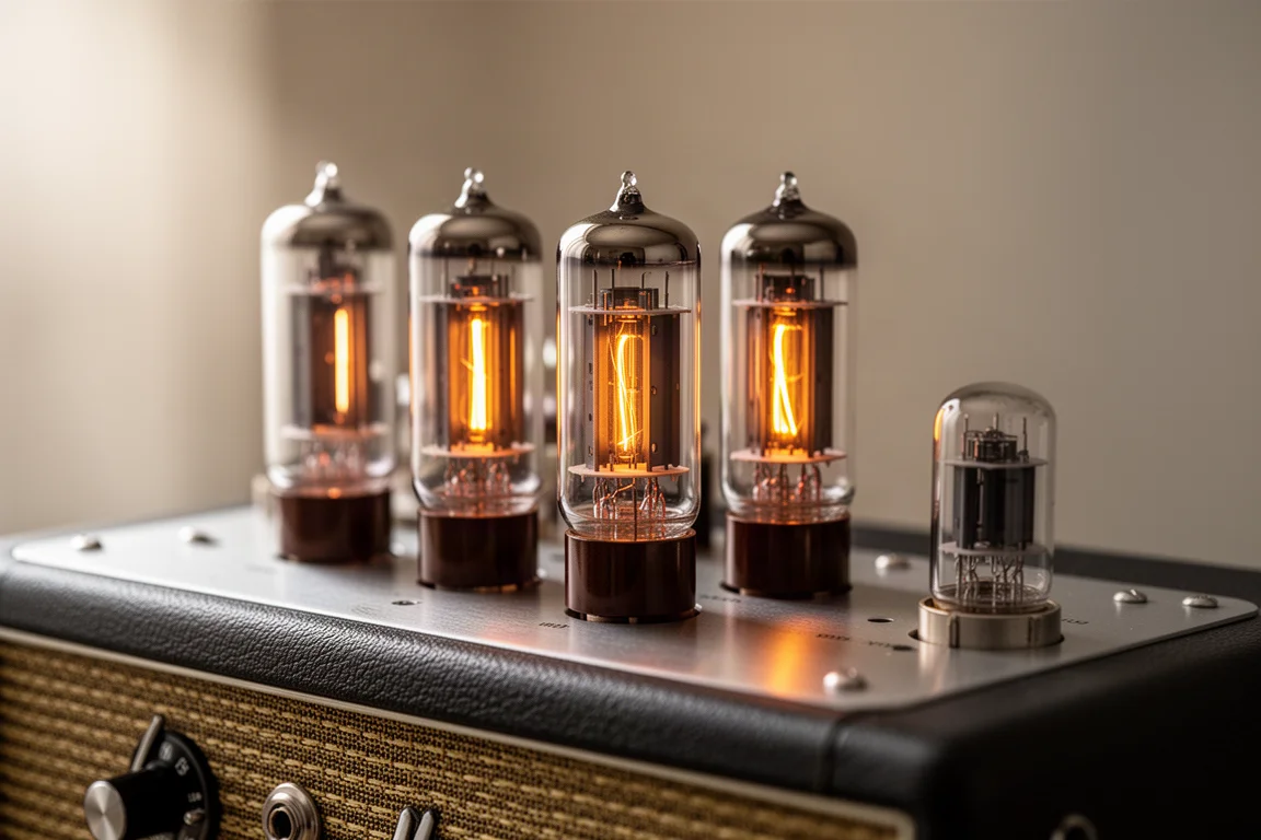 Close-up of glass vacuum tubes glowing on an amplifier top plate beside an empty socket