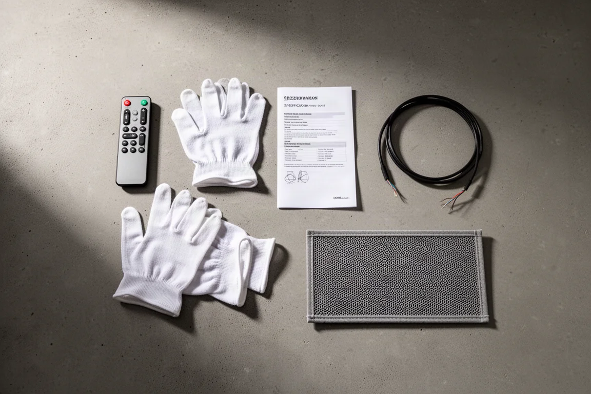 Flat lay of audio accessories including a remote control, gloves and speaker cable on concrete
