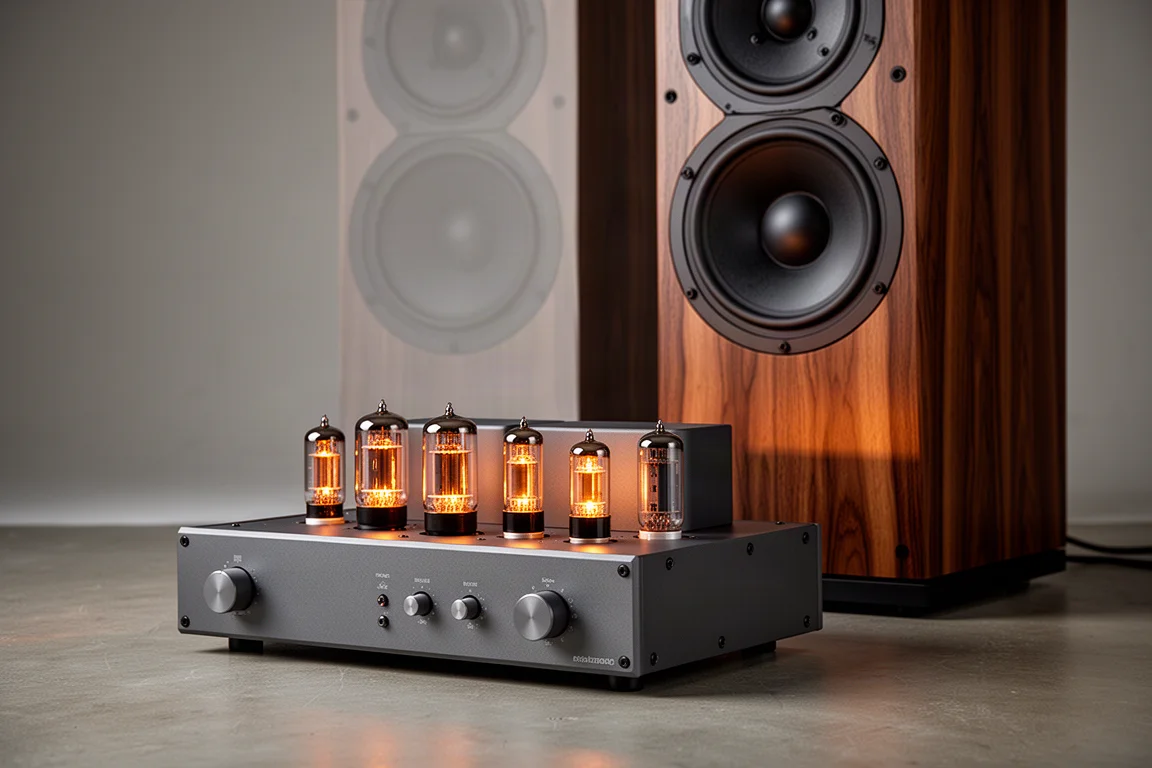 Tube amplifier with glowing 300B valves beside wide-baffle wood veneer floor standing speakers