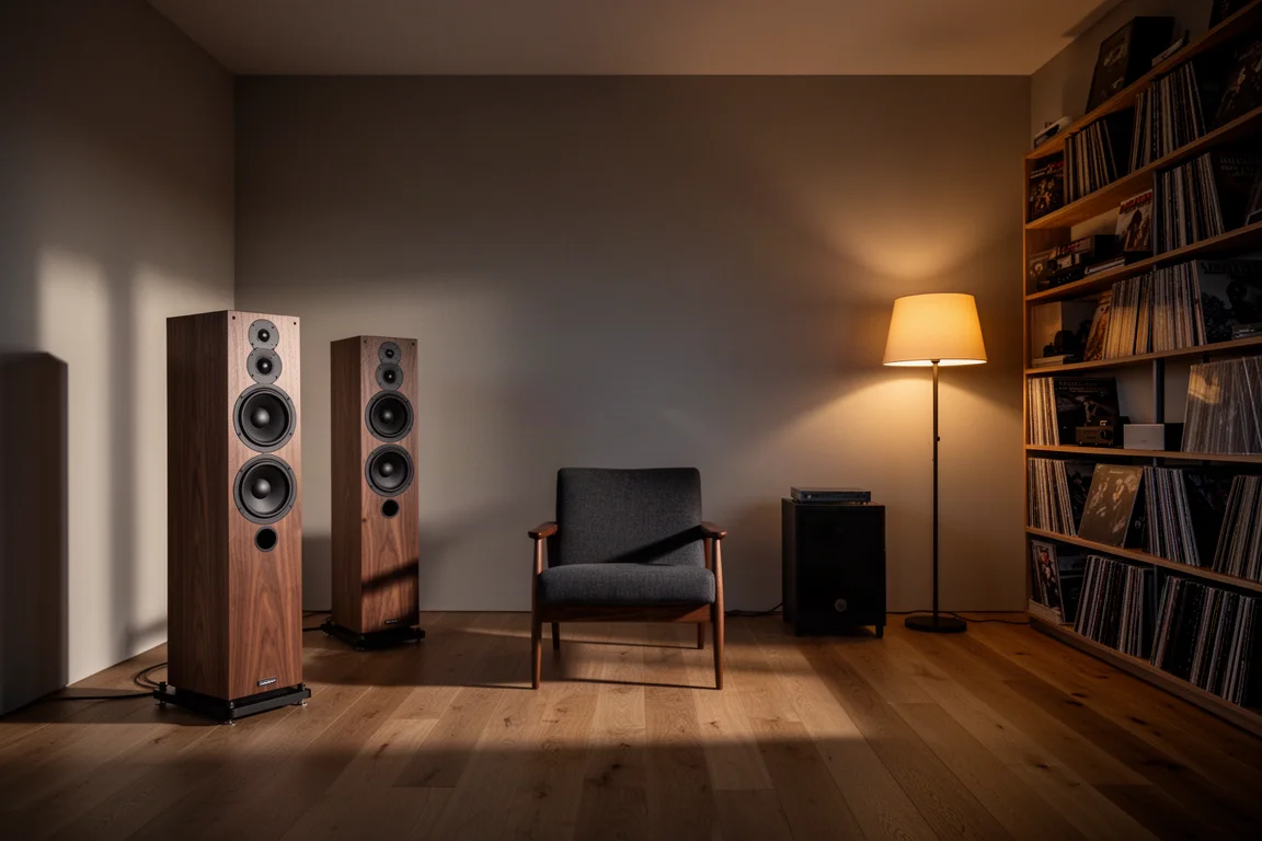 Listening room at dusk with floorstanding speakers, an armchair and warm lamp light