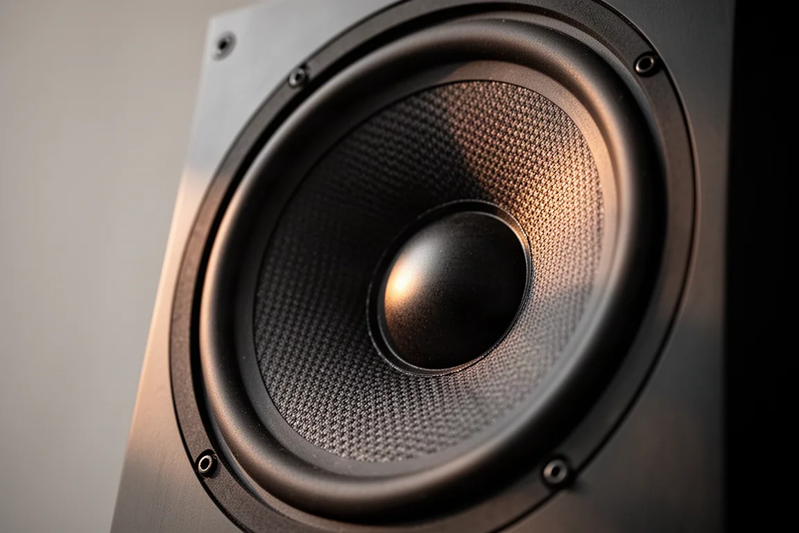 Close-up of a speaker woofer cone with woven texture under soft raking light