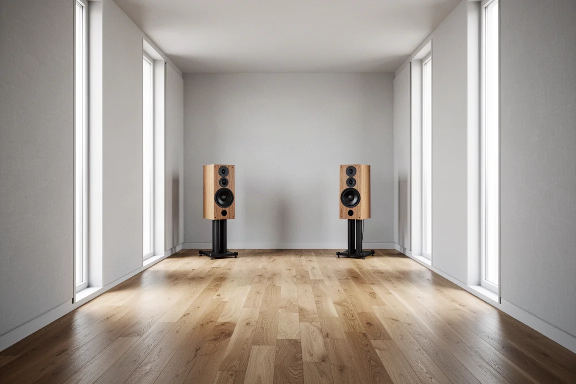 Wide view down a listening room toward standmount speakers on stands