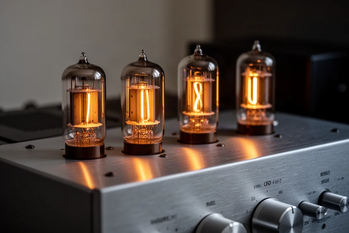 Four vacuum tubes glowing amber on an amplifier top plate in a dark room