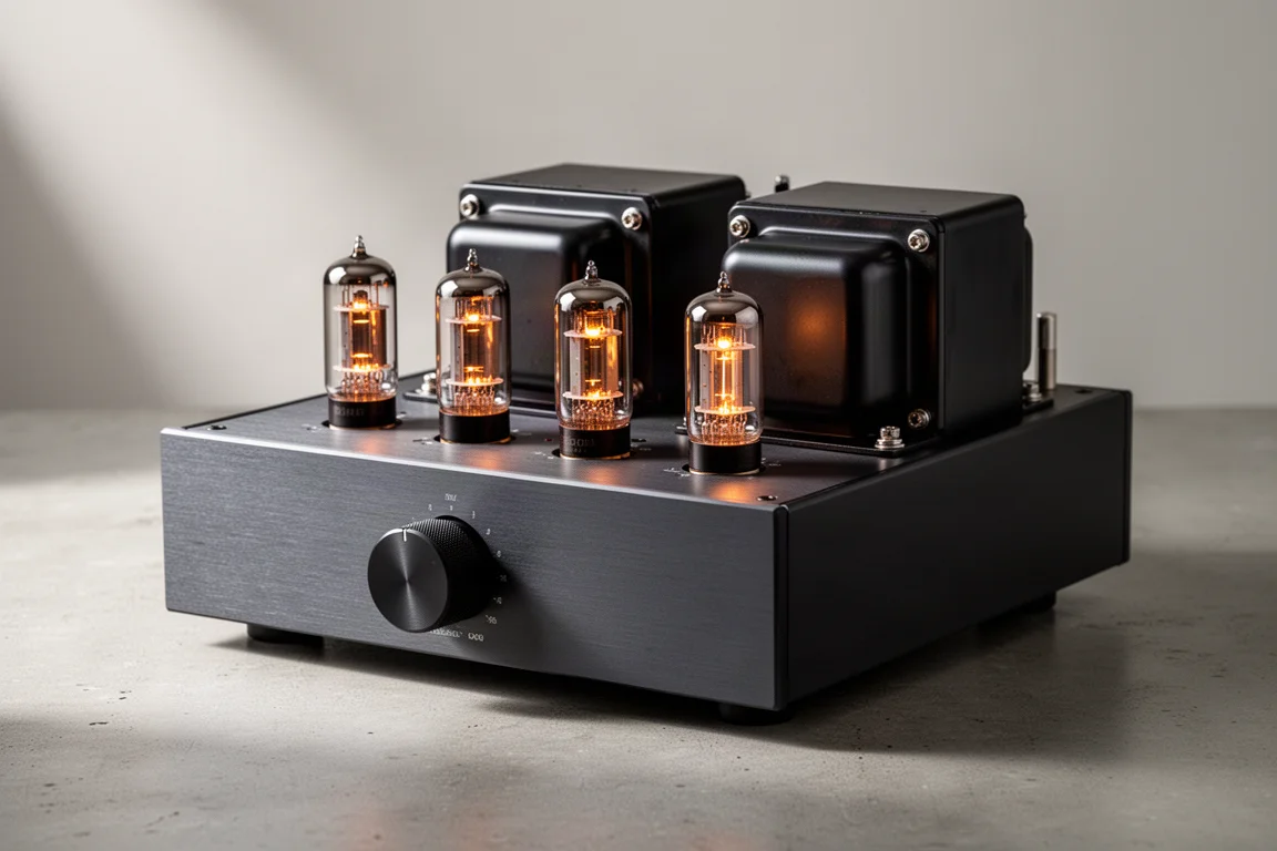 Tube integrated amplifier with glowing vacuum tubes and aluminium chassis on concrete