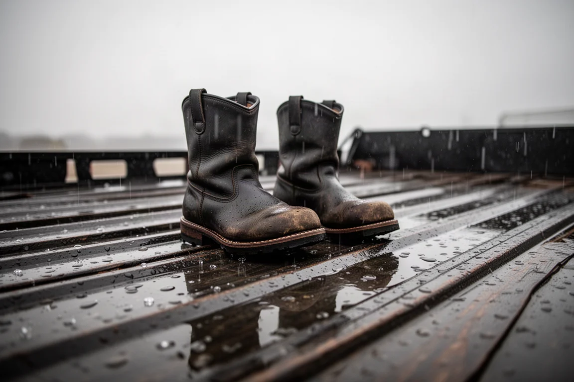 Buty robocze na mokrej metalowej powierzchni przyczepy podczas deszczu