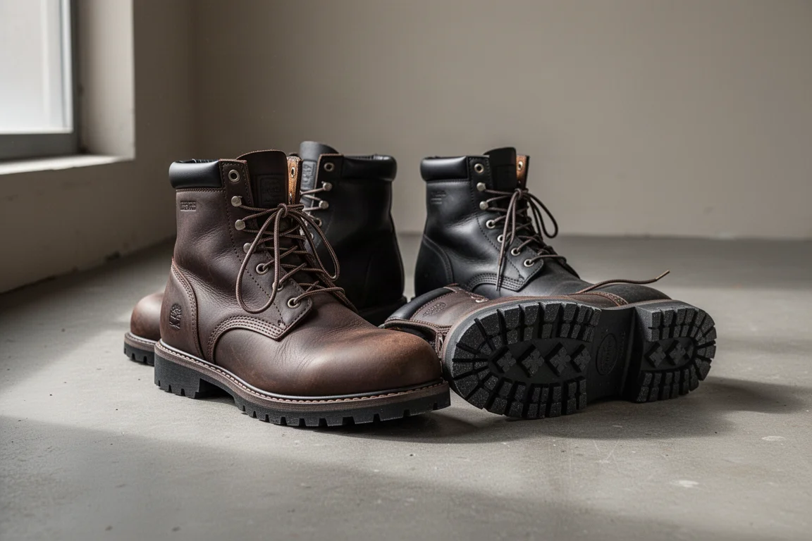 Two pairs of dark leather work boots on a concrete workshop floor