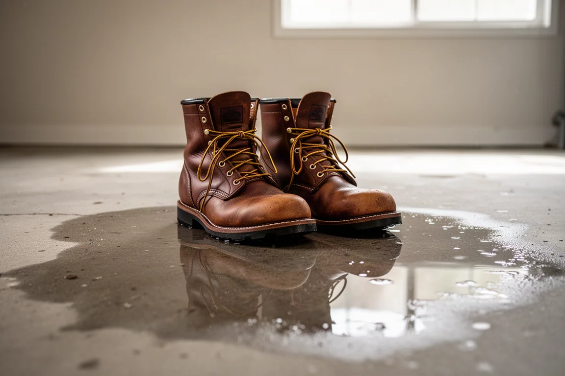 Work boots standing on wet concrete floor with visible water sheen