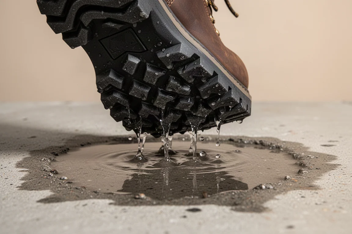 Boot outsole showing tread pattern pressed into a shallow puddle