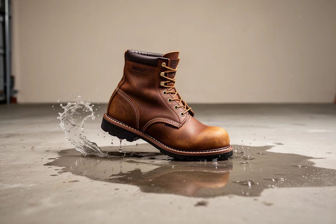 Boot sliding across a wet garage floor leaving a smear through a puddle
