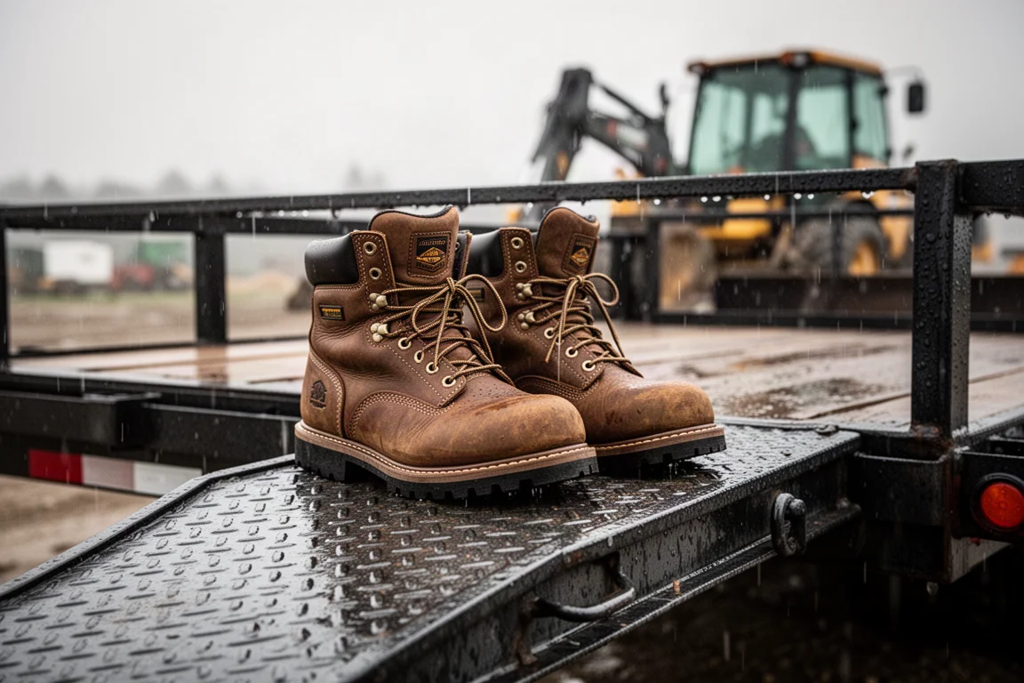 Work boots resting on a wet metal trailer gate step in Florida humidity