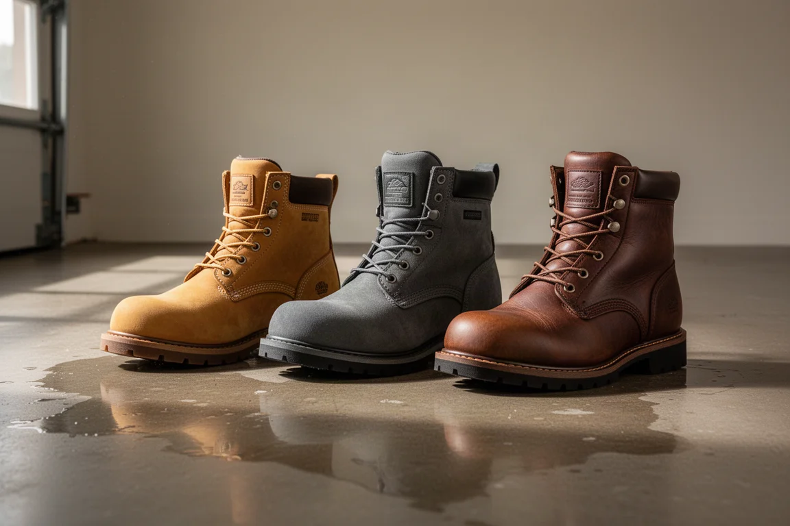 Three pairs of work boots lined up on a wet concrete garage floor