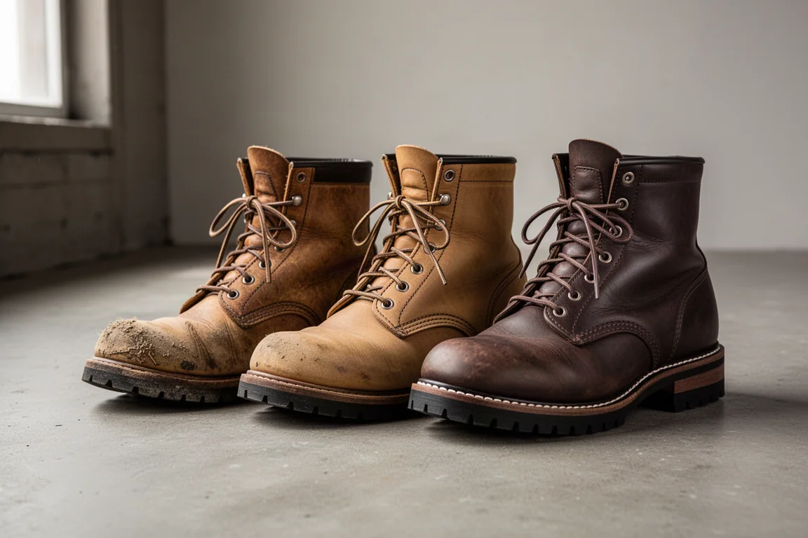 Three work boots lined up side by side on a concrete workshop floor