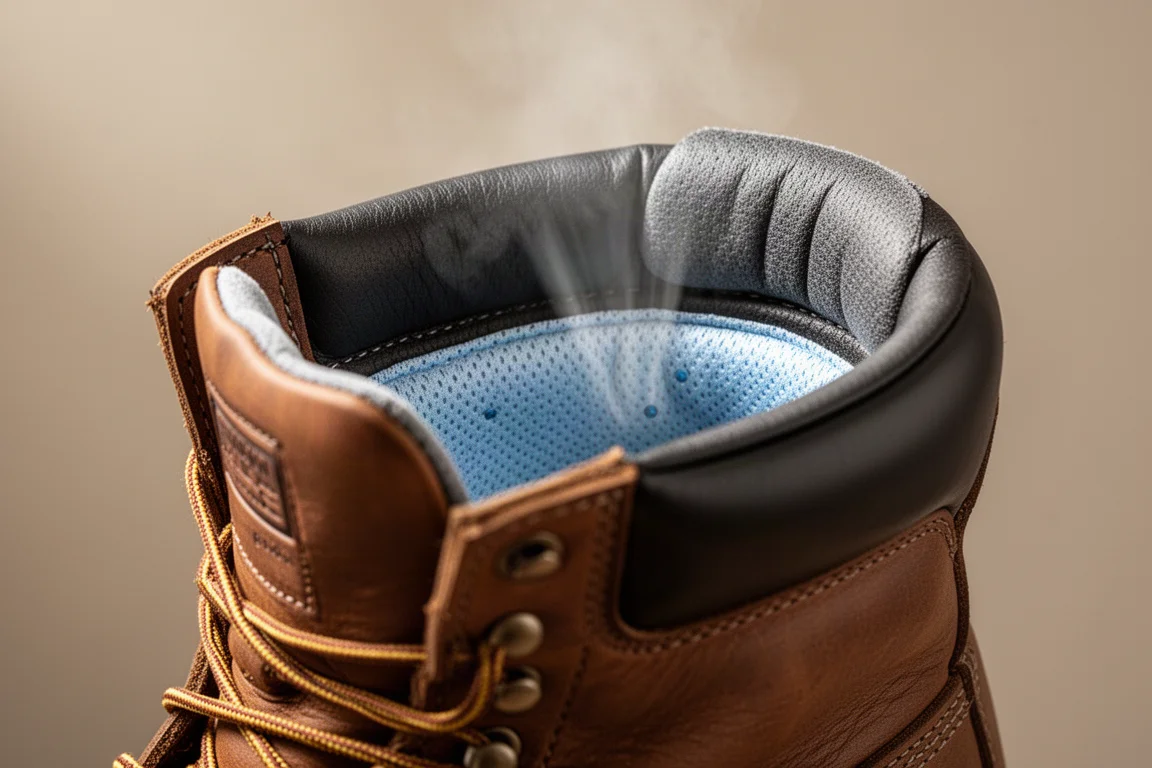 Close-up of the interior lining and cushioning inside a work boot collar