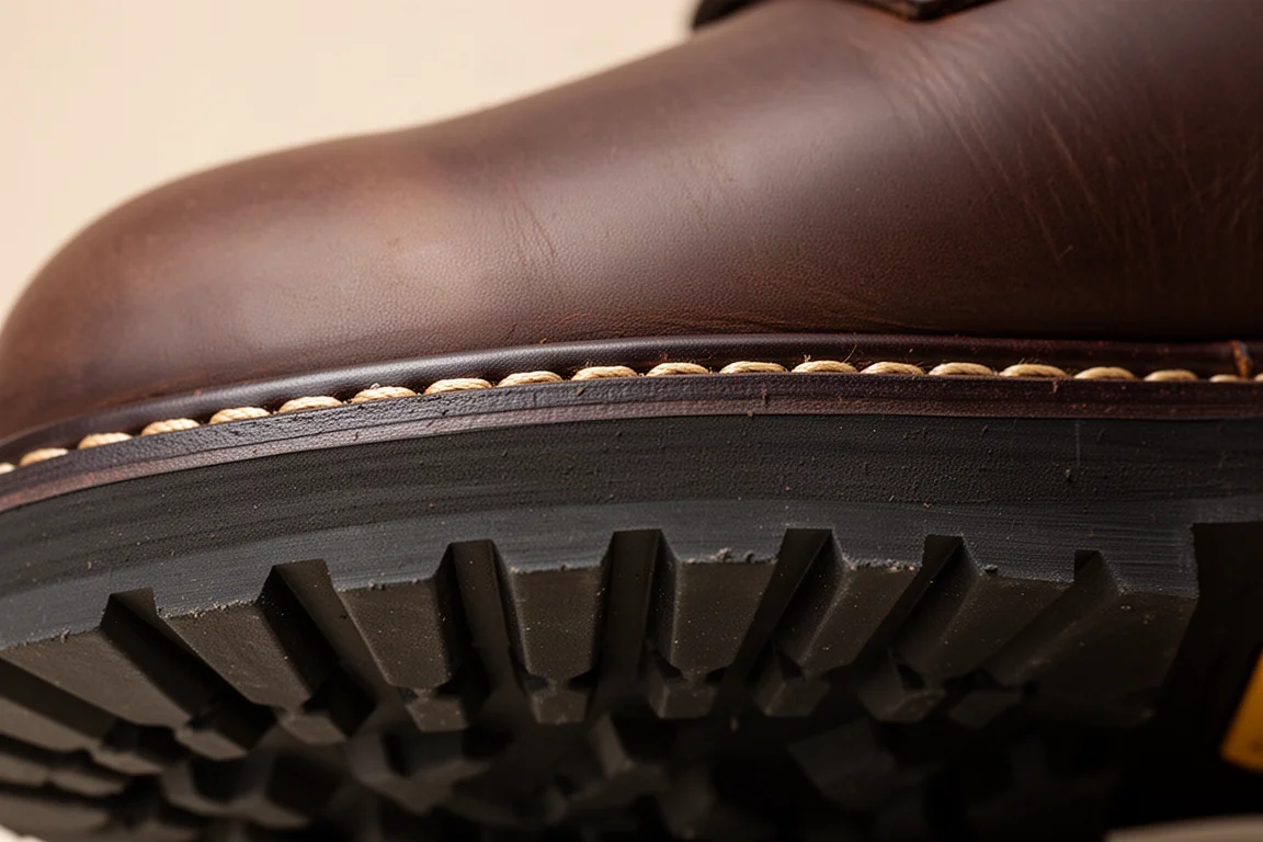 Close-up of a thick Goodyear welt stitch on the edge of a boot sole