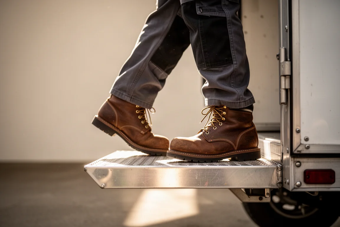 Worker stepping onto a metal trailer step in work boots in morning light