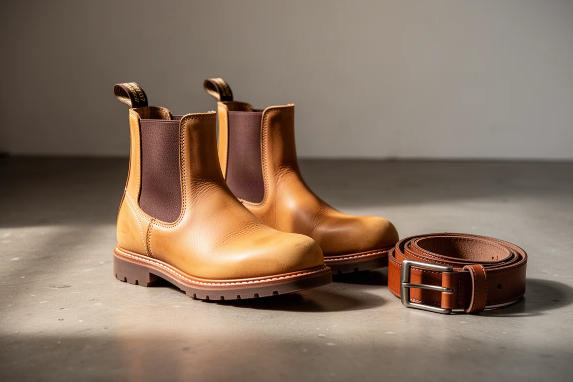 Pair of tan leather Chelsea work boots on a concrete workshop floor