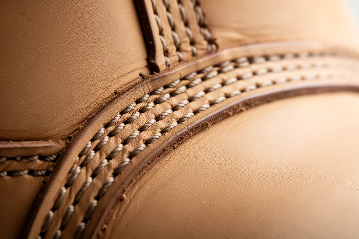 Close-up of multiple rows of welt stitching around a boot sole