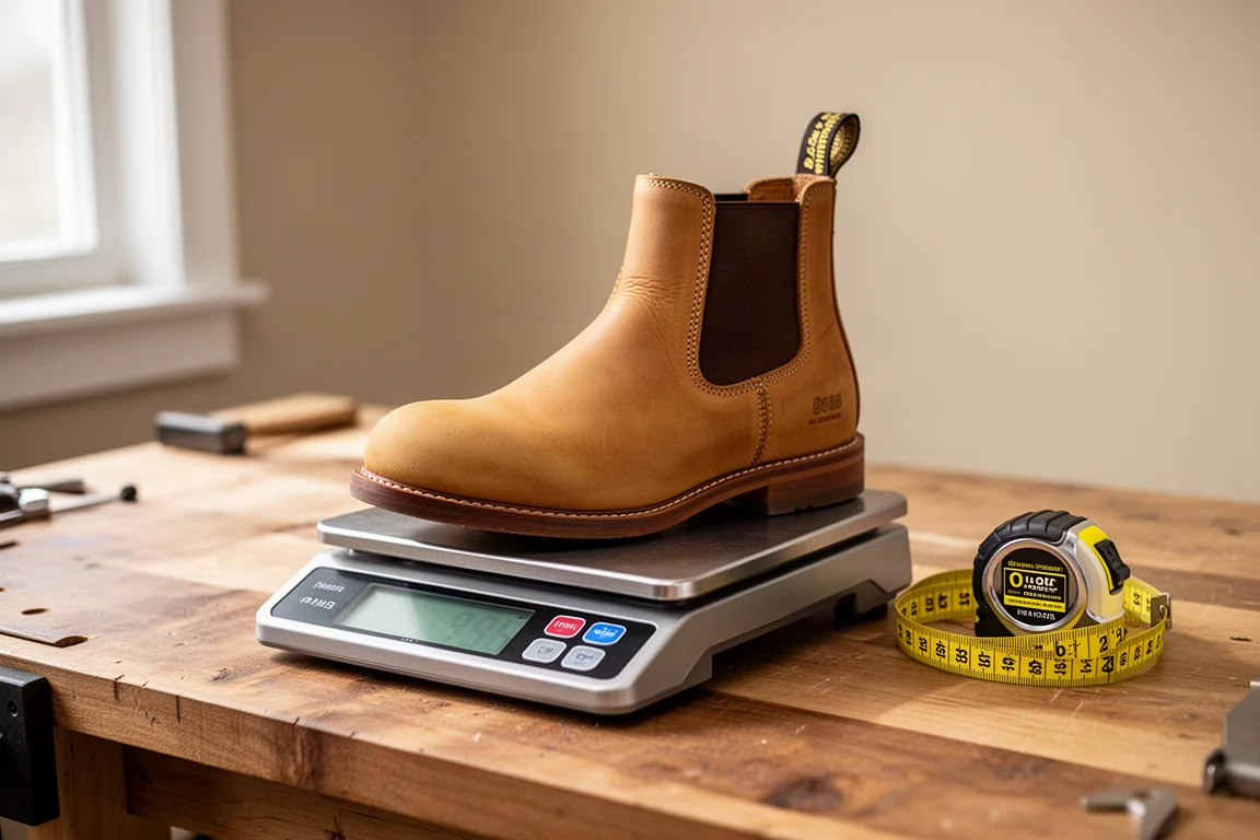 Digital scale weighing a leather work boot in a workshop