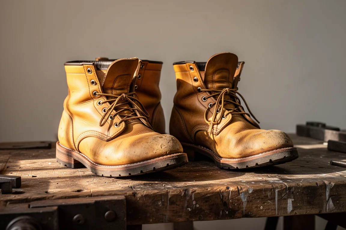 Well-worn leather work boots showing natural patina on a workbench