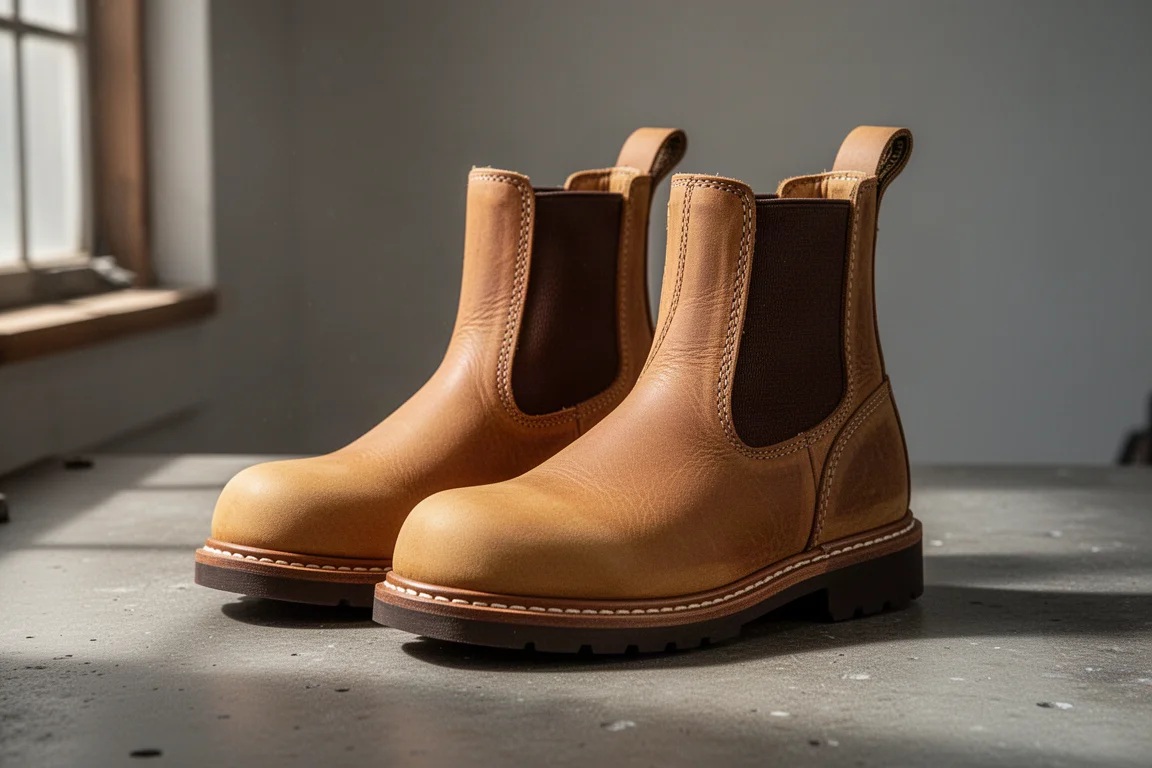 Pair of tan leather Chelsea work boots on a concrete workshop surface