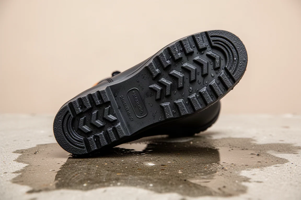 Close-up van een antislip rubberen buitenzool met profiel op beton