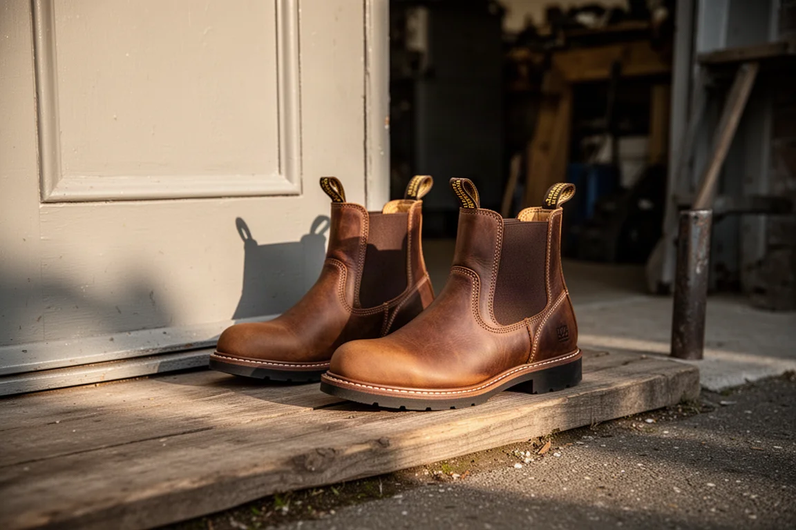 Chelsea boots casual gestileerd naast de voordeur van een thuiswerkplaats