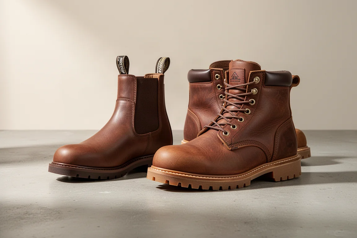 Brown leather Chelsea boot and lace-up work boot side by side on concrete