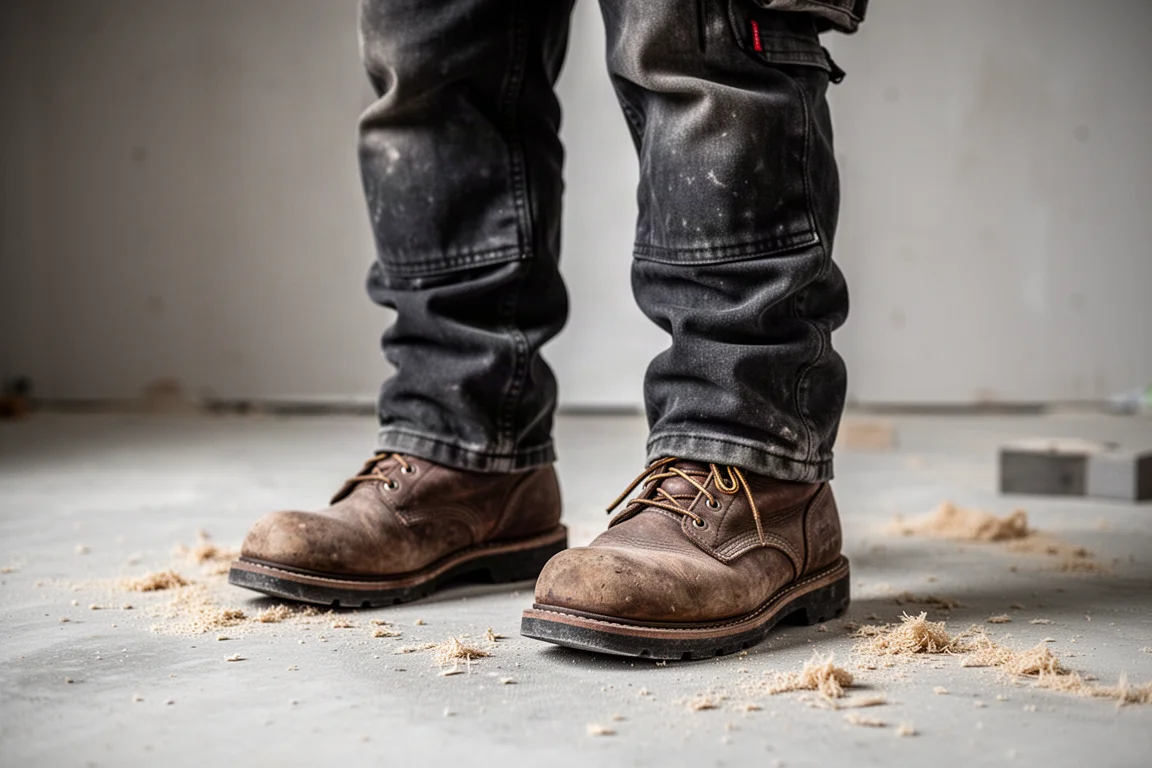 Parte inferior de um trabalhador com calça de trabalho e botas de couro em pé em um canteiro de obras
