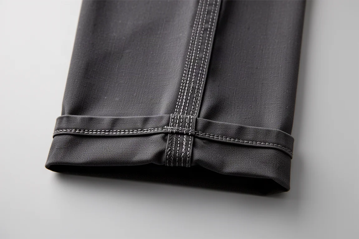 Close-up da costura reforçada ao longo da bainha de uma calça de trabalho escura