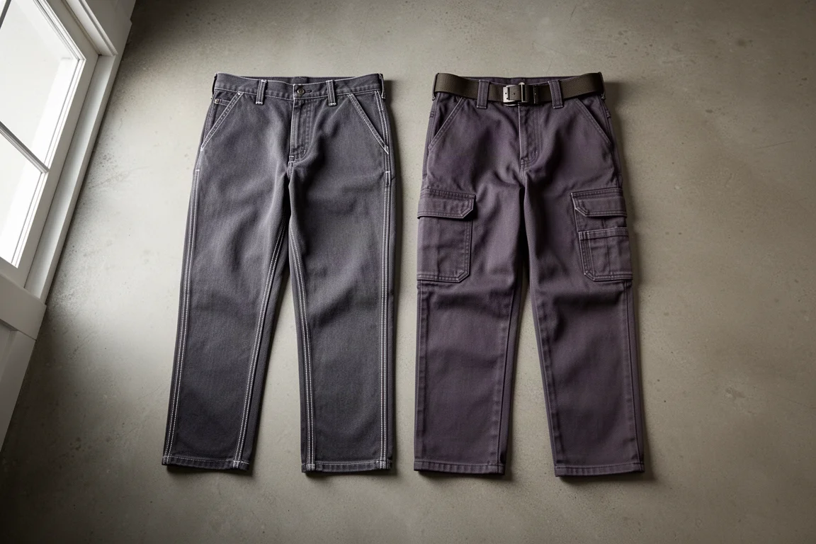 Two pairs of work pants laid side by side on a concrete floor