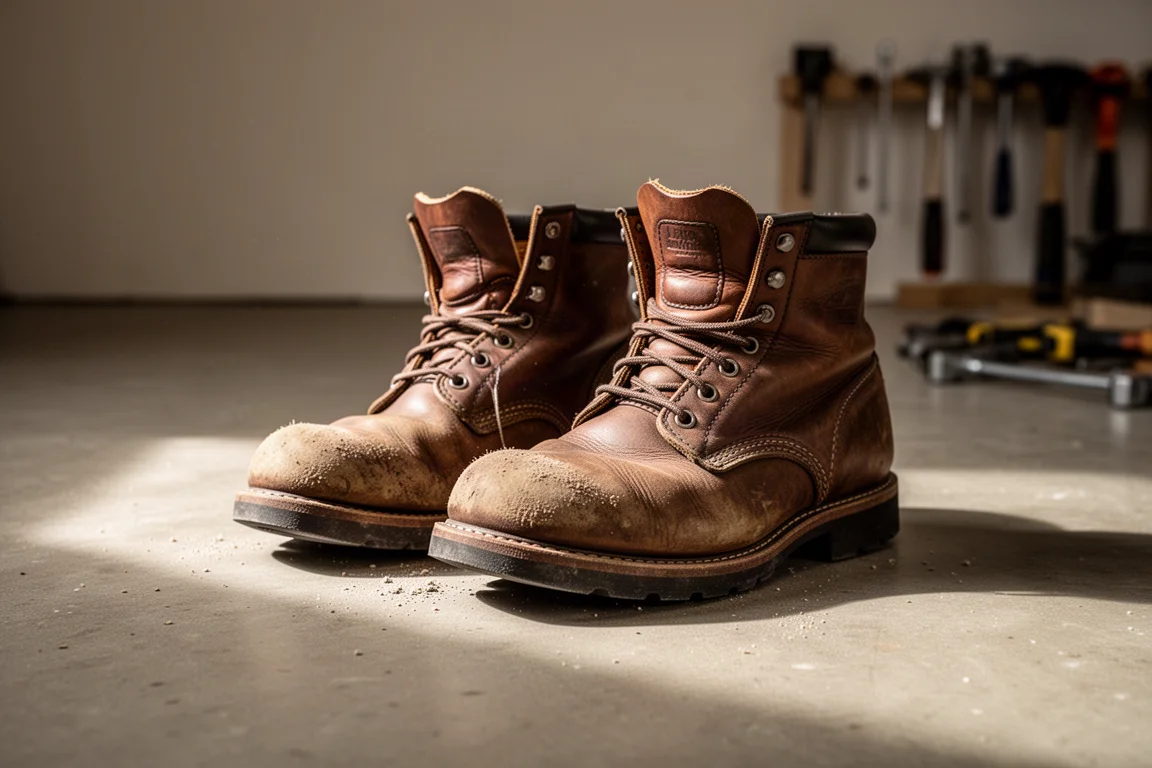 Scarpe da lavoro usate appoggiate su un pavimento di cemento in un'officina