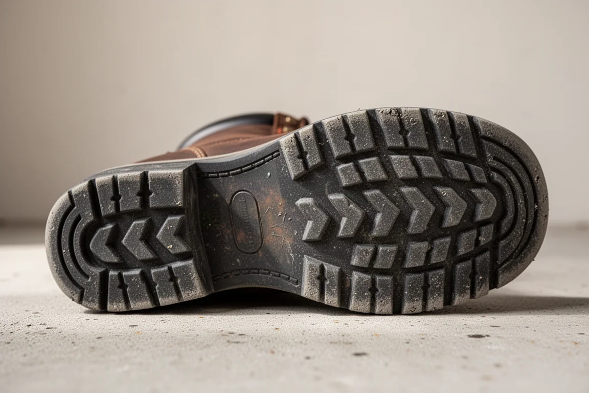 Primo piano della suola di una scarpa con lievi segni di usura e scolorimento