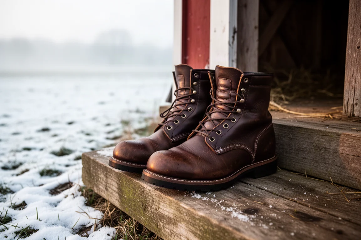 Scarpe da lavoro accanto a un cortile di fattoria innevato nella luce del primo mattino