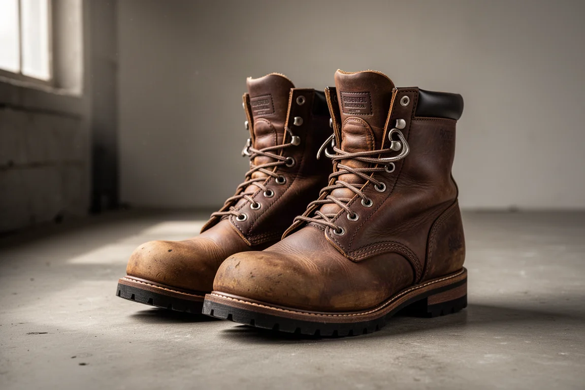 Scarpe da lavoro in pelle marrone usate su un pavimento di cemento in officina