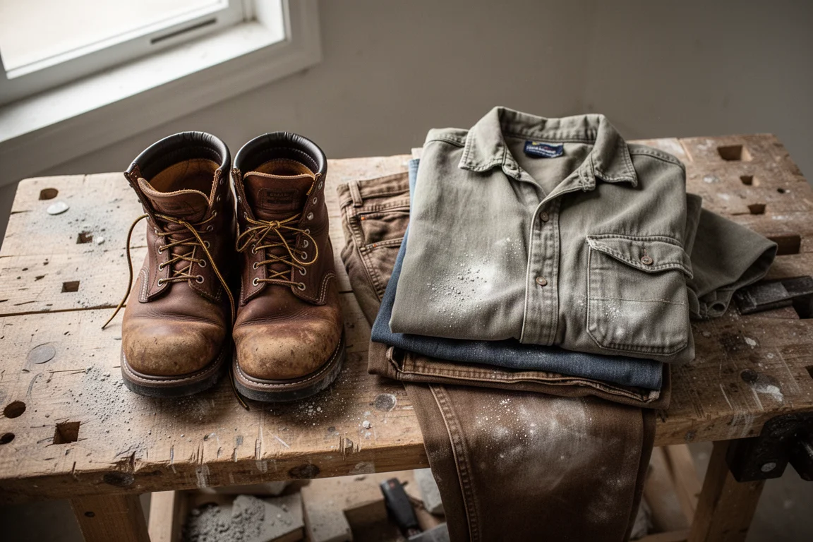 Botas de trabajo y ropa de trabajo extendidas en un banco tras un turno largo