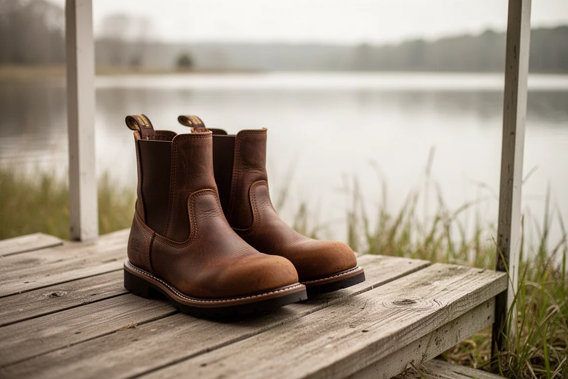 Buty robocze leżące na drewnianym ganku nad jeziorem w miękkim świetle dziennym