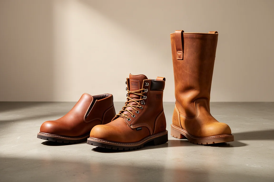 Three Brunt work boots lined up on a concrete floor