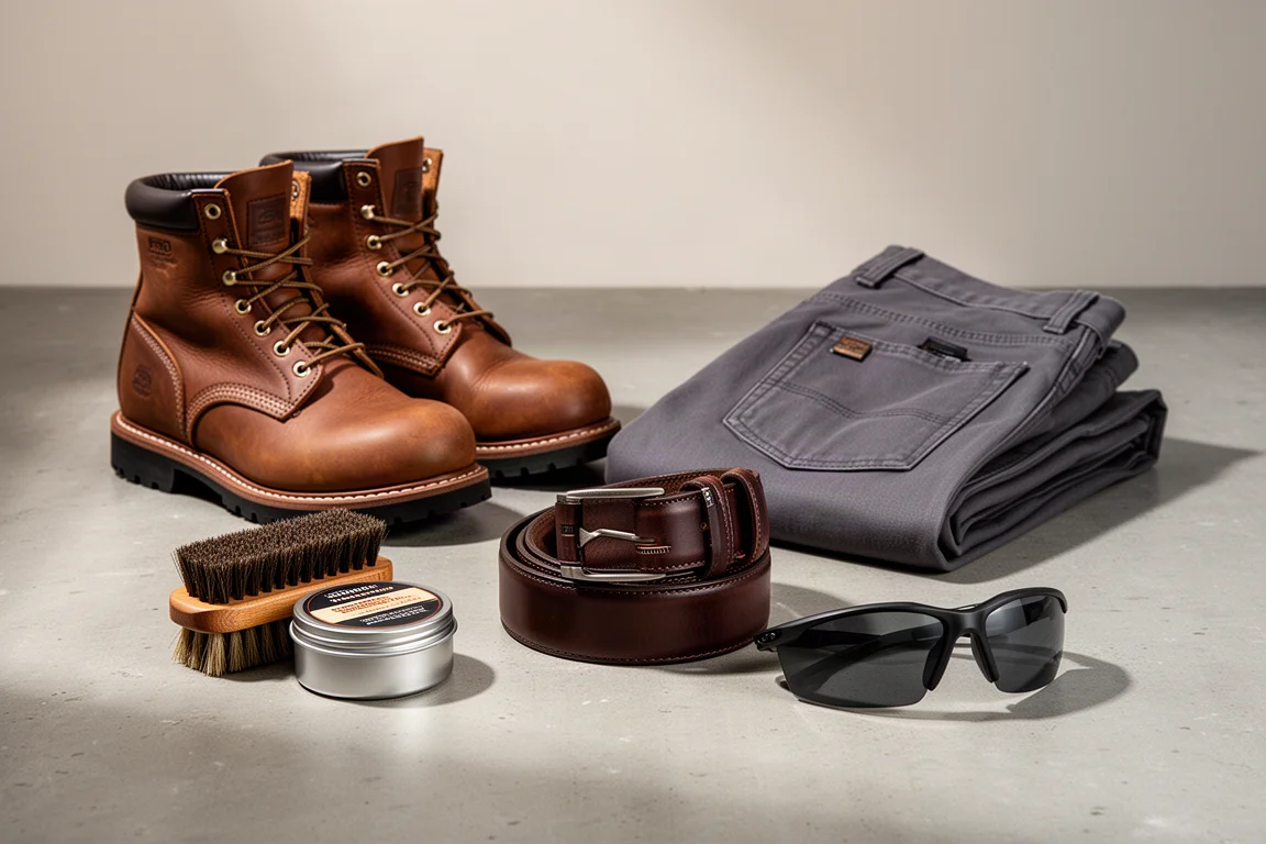 Stivali da lavoro, pantaloni, cintura, kit di cura e occhiali di sicurezza disposti su cemento